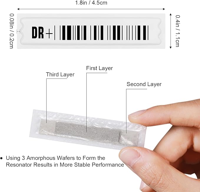 108 Pieces of 58 kHz Acousto-Magnetic (AM) Security Tag Labels, Compatible with 58 kHz EAS Systems. Features Simulated Barcodes