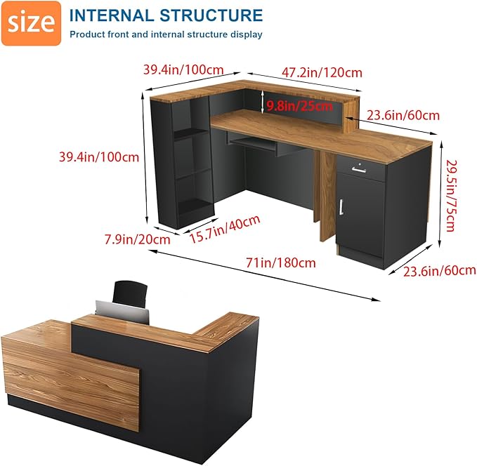 L-Shaped Reception Desk with Counter and Lockable Drawers and Storage Tall Modern Front Desk Reception Counter for Checkout Lobby Beauty Salon A Right 71inch/180cm