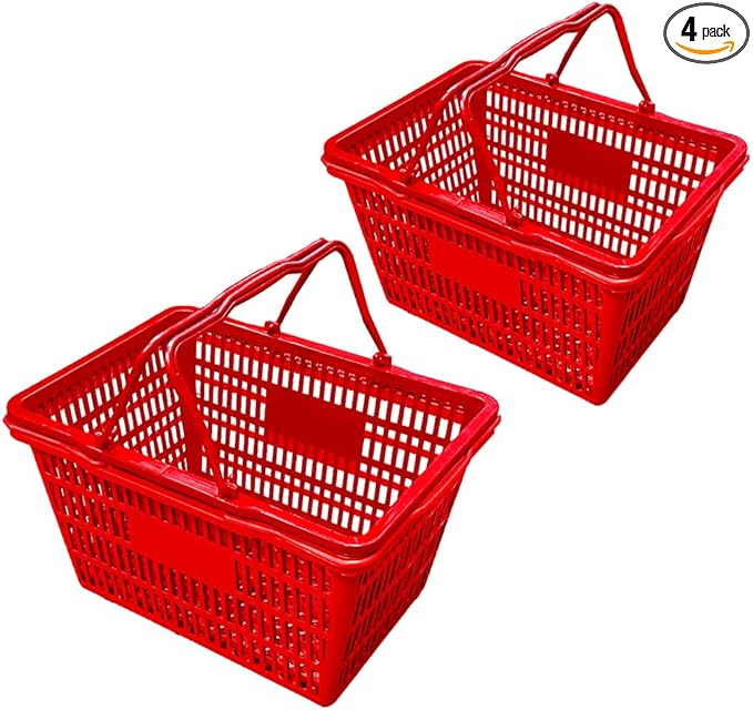 Stackable Plastic Shopping Baskets, Red and Blue, Easy-Grip Handles for Grocery, Retail, Liquor Stores, Home Use (4-pack, Red)
