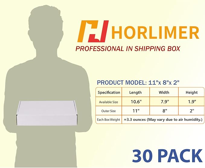 HORLIMER 11x8x2 Shipping Boxes Set of 30, White Corrugated Cardboard Mailer Box for Packing Small Business