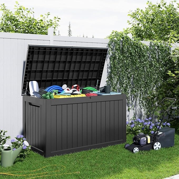 280 Gallon Resin Deck Box, Lockable Patio Outdoor Storage Box for Furniture, Garden Tools and Tools Storage, Waterproof Outside Storage Boxes - Black