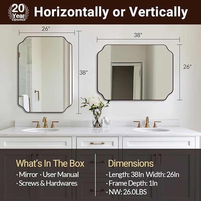 ANDY STAR Brushed Bronze Scalloped Mirror, 26"x38" Bathroom Vanity Mirror, Antique Scalloped Mirror in Premium Stainless Steel Frame, Timeless Shape with Unique Flair, Hangs Vertically/Horizontally