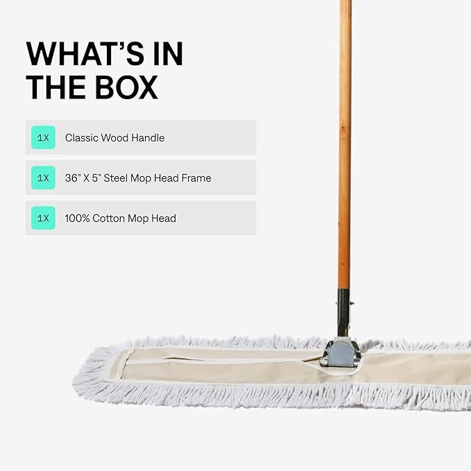 Commercial Dust Mop & Floor Sweeper, 36 in. Dust Mop for Hardwood Floors, Cotton Mop Head, Wooden Broom Handle, Industrial Dry Mop for Floor Cleaning & Janitorial Supplies