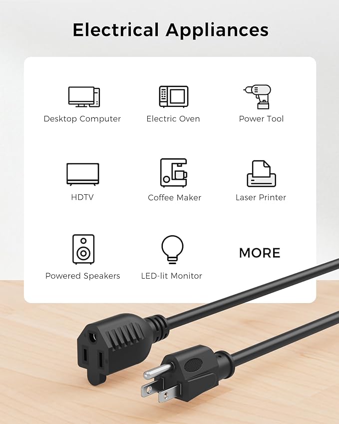 [ETL Listed] Cable Matters 2-Pack 16 AWG Heavy Duty 13A Power Extension Cord - 3ft, 3 Prong Power Cord Extension, NEMA 5-15P to NEMA 5-15R, Black