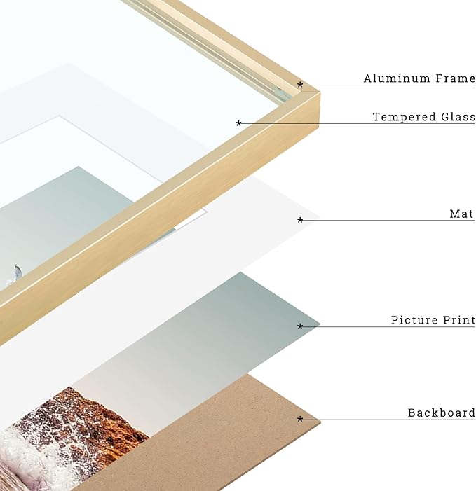 Frametory, 8x10 Metal Picture Frame with Mat for 5x7 Picture & Real Glass, Aluminum Photo Frame Collection (Gold, 1 Pack)