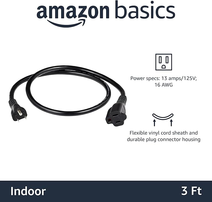 Amazon Basics Extension Cord, 13 Amps, 125V, 3 Foot, Black - Pack of 2