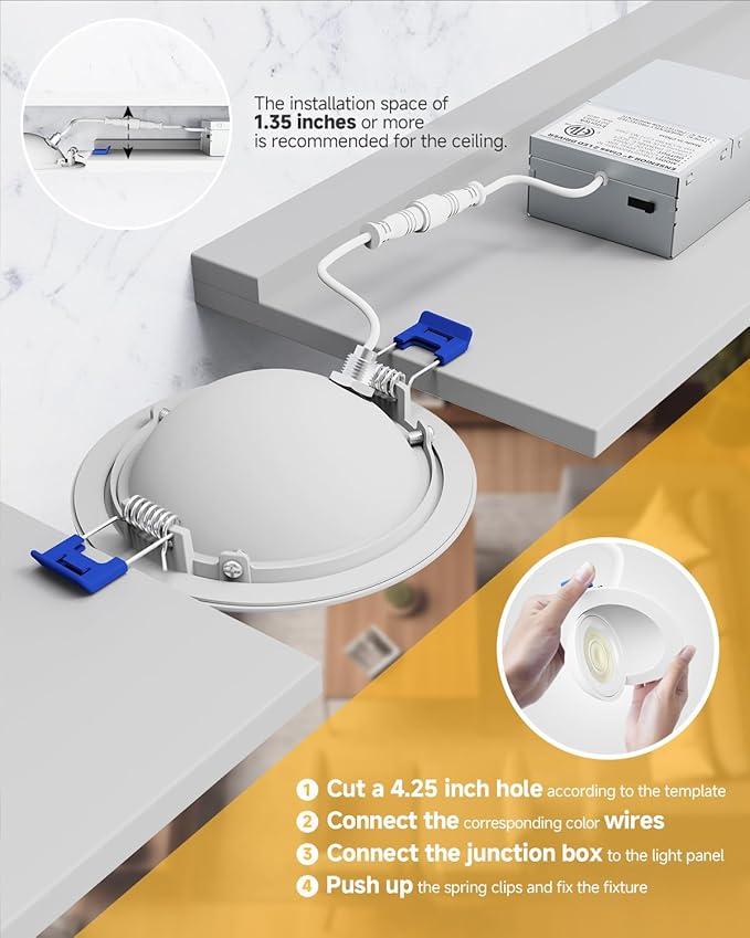 Ensenior 4 Pack 4 inch 5CCT LED Gimbal Led Recessed Light with Junction Box, 360°+90° Adjustable Directional Eyeball Lighting, Dimmable, 2700K/3000K/3500K/4000K/5000K, 900LM, 9W=85W, 120V-ETL&FCC