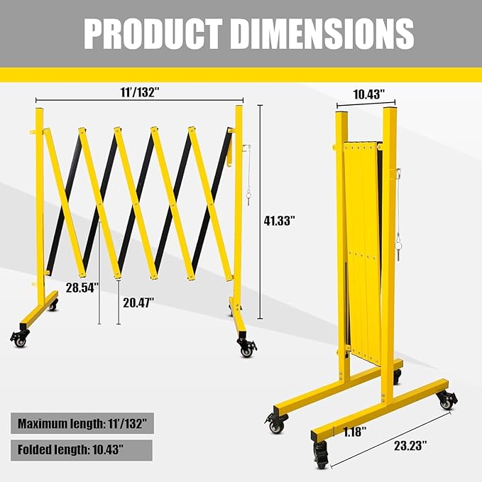 Metal Expandable Barricade, 11 Feet Retractable Fence Outdoor, Mobile Safety Barrier Gate, Easily Assembled Expanding Gate with Casters, Collapsible Accordion Barricade Gate Outdoor (11 FT)