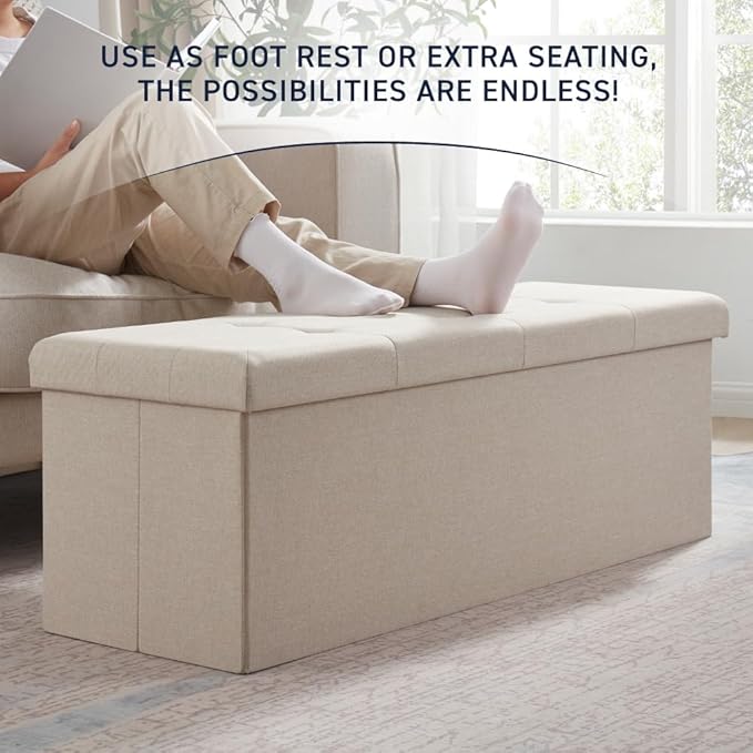 Ornavo Home 43 Inch Folding Storage Ottoman with Storage Bench, Long Large Storage Ottoman Bench, Storage Chest, Foot Rest Stool, Bedroom Bench with Storage - (Beige)