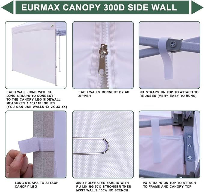 Eurmax USA Instant Canopy SunWall Tent Sidewalls for 10x10 Pop Up Canopy Tent,1 Pack Sidewall Only (White)
