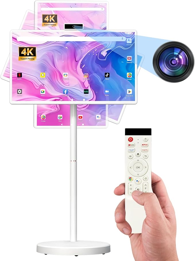 32-Inch FHD Smart Portable TV on Wheels, Rolling TV 1080P Touch Screen Android 15 OS Monitor, EDLA-Certified, 6G RAM + 128GB, 8MP Camera, Built-in 6–8H Battery, Full Swivel Rotation, Voice Remote