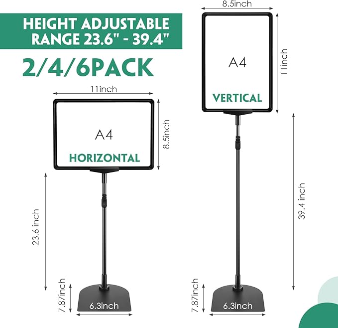 Jutom 6 Pack Adjustable Pedestal Stand Holder 8.5 x 11 Inch Heavy Duty Aluminum Sign Holder Vertical and Horizontal Sign Poster Stands Floor Standing Display for Advertisement Menu Display(Black)