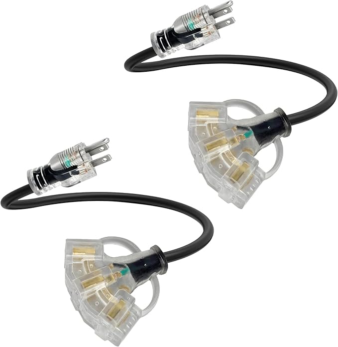 2FT 2 Pack 12 Gauge 3 Outlet Outdoor Extension Cord 12/3 Heavy Duty SJTW Power Cord 3 Way Waterproof Power Cable 3 Prong Grounded with Light 12AWG 15Amp 1875W ETL Listed