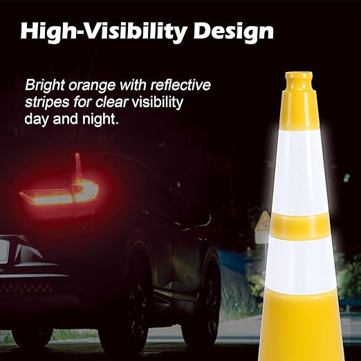 6 Pack 28 Inch Yellow Reflective Traffic Cones, Heavy Duty Black Base Safety Cones for Work Zones, Roadside Assistance and Maintenance Areas (6, Yellow, 28 Inch)