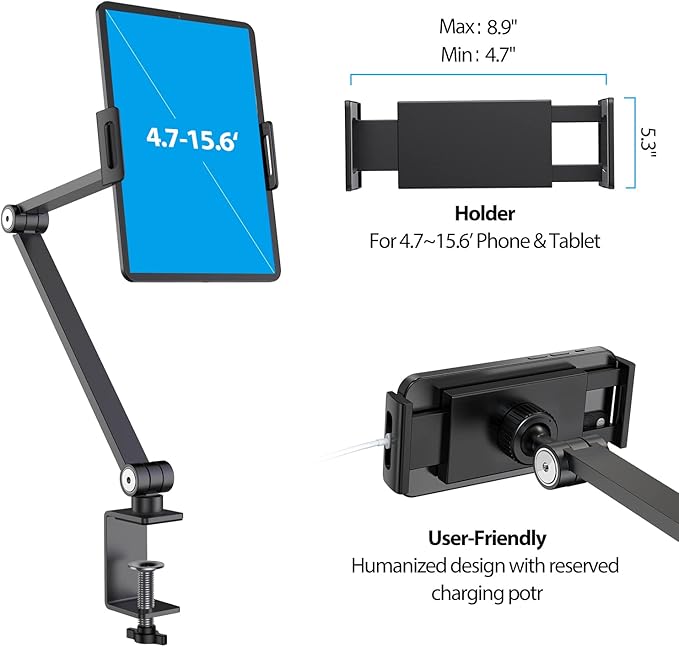 BEWISER iPad Desk Mount, Tablet Stand Holder for Desk or Bed,Rotate 360 Degrees of Flexible, Height and Angle Adjustable, Aluminium Alloy Arm Clamp Mount Compatible with4.7-15.6" Screen (Space Gray)