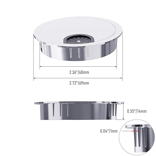 2 Pack Desk Grommet 2-3/8 Inch 60mm, Zinc Alloy Computer Desk Wire Hole Cover, Office Desktop Cord Cable Hole Metal Ring, Bright Silver