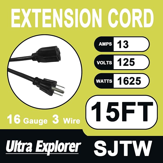 15 Ft Indoor Outdoor Black Extension Cord, 16/3 SJTW Heavy Duty Water-Resistant, 3 Prong Grounded Plug Power Cord for Home Appliance, Lights and Lawn, 13A 1625W, UL Listed