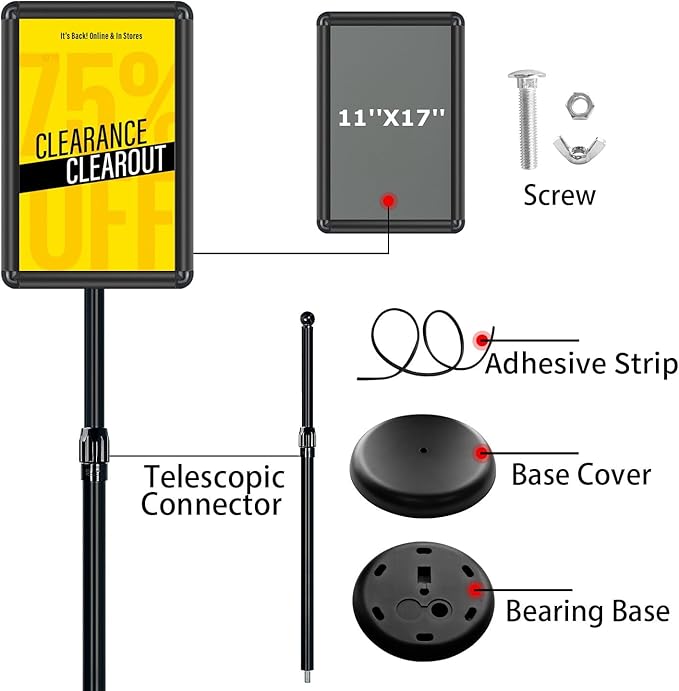 Sign Stand - Standing Sign Holder for 11x17 Inch, Pedestal Poster Sign Stand, Vertical and Horizontal View Sign Displayed, Round Corner Sign Holder for Church School Parties Business, Black (6 Pack)