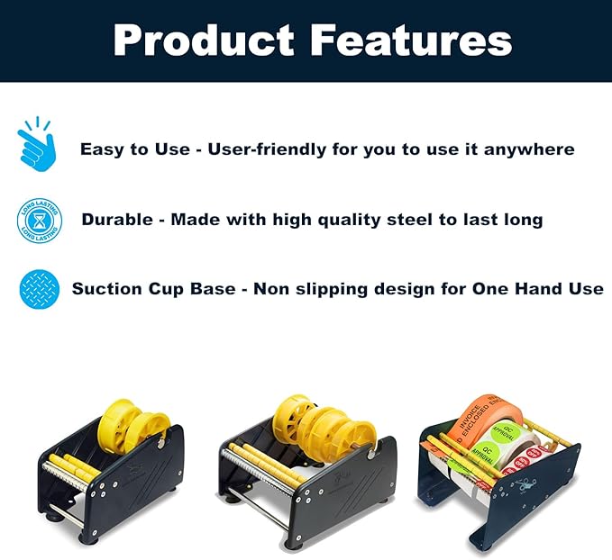 MDJ by Excell Manual Label Sticker Dispenser with 4 Suction Cups Base for Tabletop, Adjustable Holder for Multiple Rolls for Office, Home, School, Warehouse, Easy Peel Off, Fits up to 3" Wide Labels