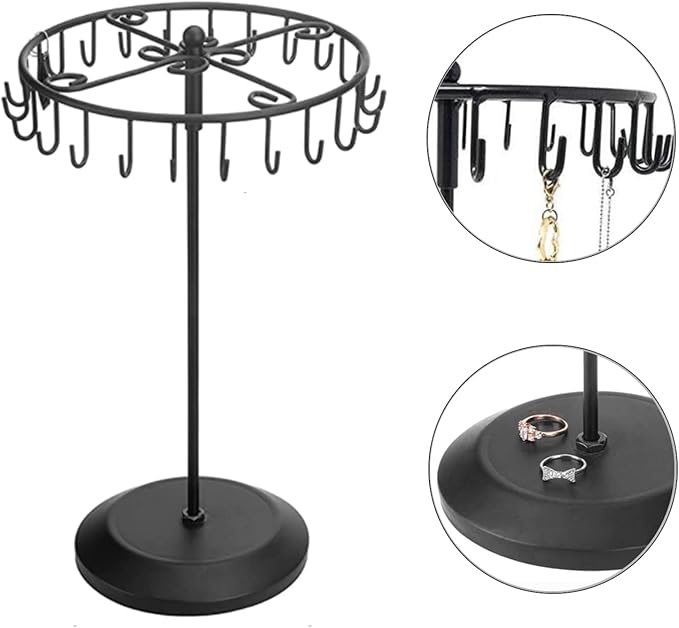 Rotating Necklace Holder Jewelry Organizer Display Stand 15.7-Inch with 23 Hooks (long-black)