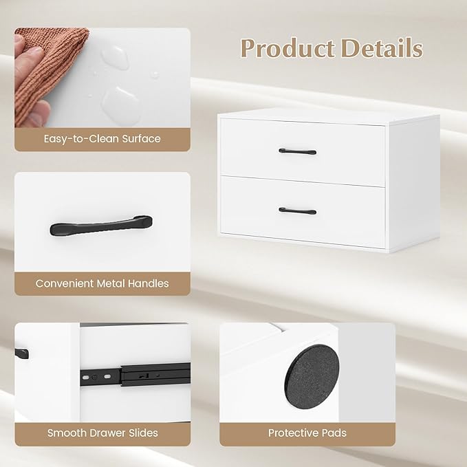 GOFLAME Stackable 2-Drawer Dresser Set of 2, Wood Horizontal Storage Organizer with Metal Handle & Smooth Sliders, Lateral File Cabinet with Anti-tilt Kit for Bedroom Office, White