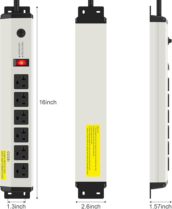 CCCEI 2 of 12 Gauge Heavy Duty Power Strip Surge Protector 4800J, 20 Amp 6 Plug Industrial Shop Garage Metal Multiple Outlet, 10FT Extension Cord 5-15P Adapter High Amp 6-20R T-Slot 20a for Appliance.