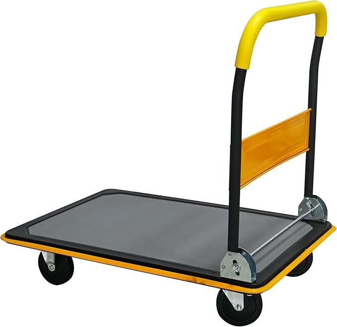 660lbs Large Size Heavy Duty Yellow Flatbed Cart, Foldable Platform Hand Truck with 360° Swivel Wheels, Steel Utility Dolly for Warehouse, Moving & Storage
