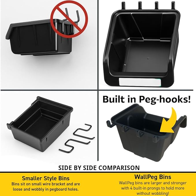 WallPeg Pegboard Bins - 6 Each 7" & 6 Each 5" ORGANIZING Bins - Hooks to Peg Board Panel Organize Hardware Arrange Accessories Workbench Tool Organizer Garage Storage -Made in USA-