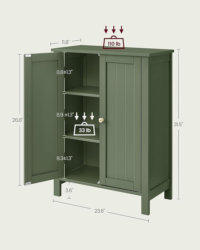 VASAGLE Floor Storage Cabinet, Freestanding Storage Unit with 2 Adjustable Shelves, for Bathroom Living Room Dining Kitchen, 11.8 x 23.6 x 31.5 Inches, Forest Green UBCB060C01