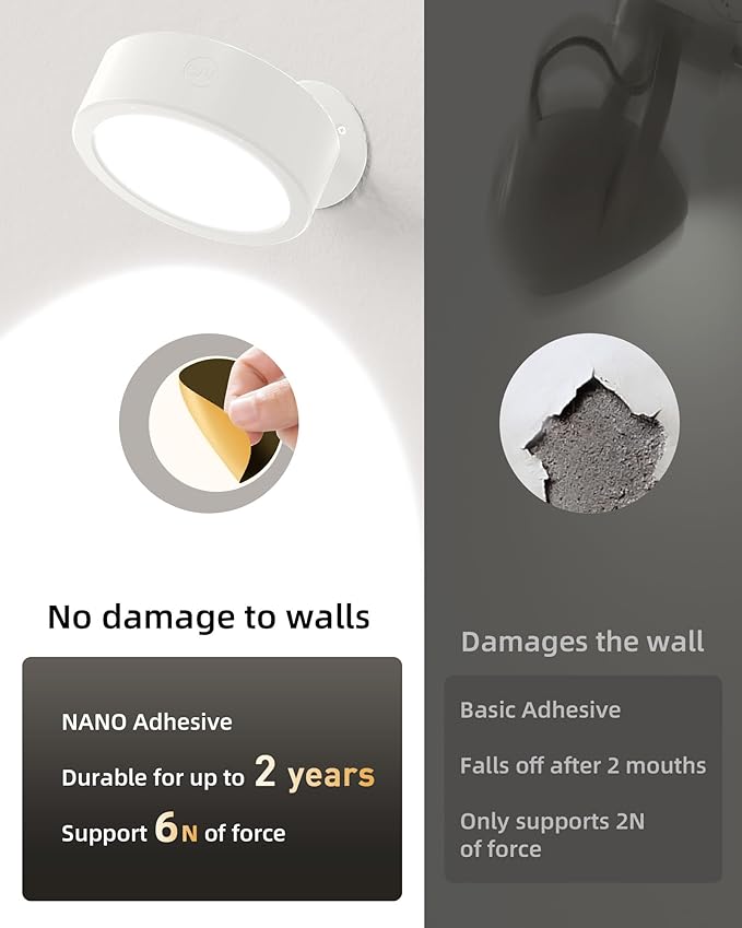 EZVALO LED Wall Mounted Lights, 5500mAh Rechargeable Wall Sconces Lamp, 3 Color Temps & Remote and Touch Control, 360°Rotation Dimmable Cordless Wall Light for Bedroom (3 Pack White)