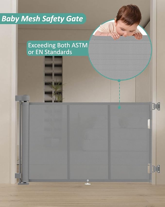 71 inch Retractable Baby Gates 34 inch Tall, Retractable Gate with Reinforced Strip Design to Prevent Crawling Through, 6 FT Retractable Dog Gate for Stairs, Doorways, Hallways, Indoor/Outdoor