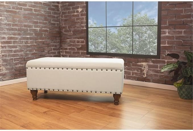 HomePop Upholstered Storage Bench with Nailhead Trim – Cream