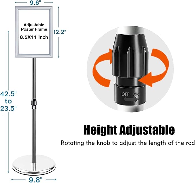 Adjustable Sign Stand for Display, Pedestal Floor Signage Stand Holder with Heavy Duty Base, for Outdoor or Indoor Advertising (8.5 x 11, Silver)