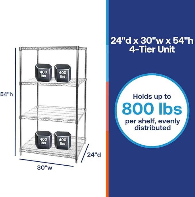 Shelving Inc. 24" d x 30" w x 54" h Chrome Wire Shelving with 4 Tier Shelves, Weight Capacity 800lbs Per Shelf