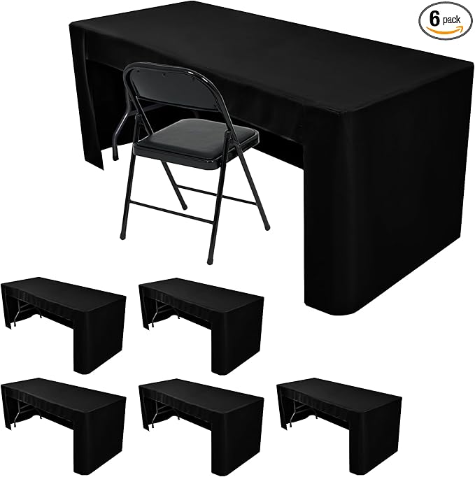 HolidayIdeas Black Open Back Fitted Rectangle Tableclothss for 8 Ft Table, 3-Sided Table Covers 96x30 Inch for Craft Fairs, Banquets, Trade Show Display, Black,6 Pcs
