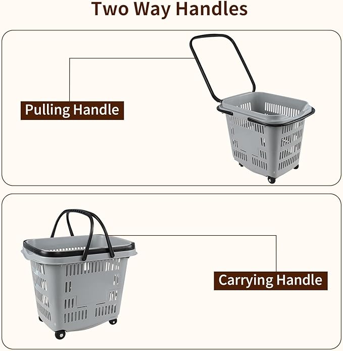 50 L Plastic Rolling Shopping Basket with Handles, Portable Retail Shopping Baskets for Supermarket, 4 PCS