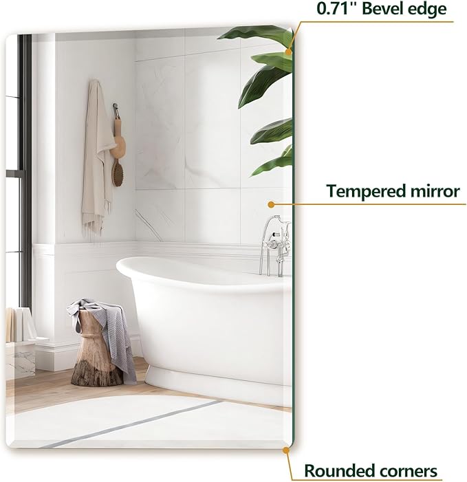 Mirrorons Beveled Mirror, Wall Mirror 18" x 24", Frameless Rectangle Bathroom Mirror with Beveled Edge, Hangs Horizontally or Vertically. Rounded Corner Tempered