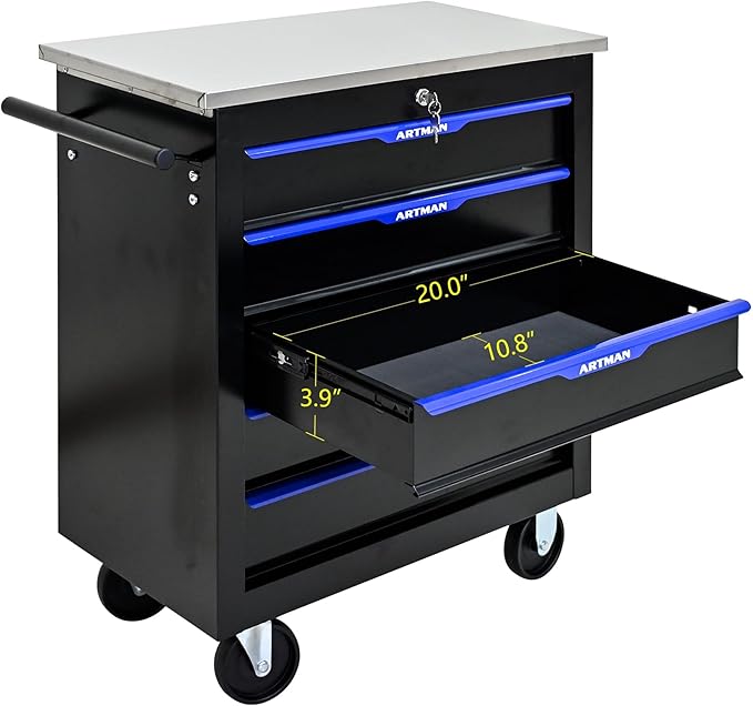 5-Drawer Heavy-Duty Rolling Steel Tool Cart with Handle&Wheels, Metal Storage Organizer Cabinet, Tool Chest for Efficient Tool Storage in Garage, Warehouse, Workshop, Repair Shop, Blue