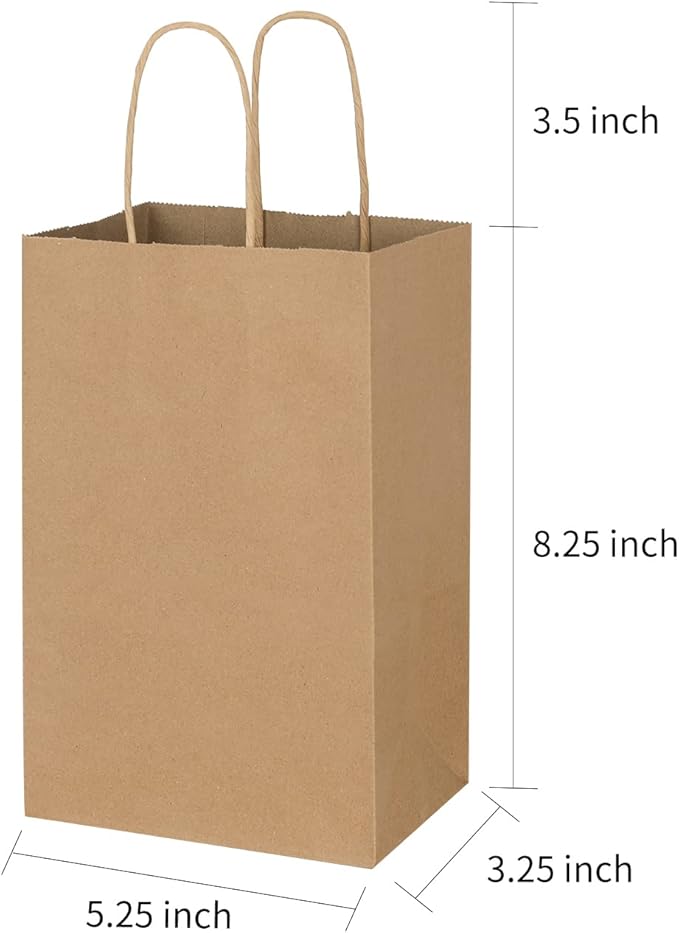 Toovip 100 Pack 5.25x3.25x8.25 Inch Small Plain Brown Kraft Paper Bags with Handles Bulk, Gift Bags for Favor Grocery Retail Party Birthday Shopping Business Goody Craft Merchandise Take Out Sacks