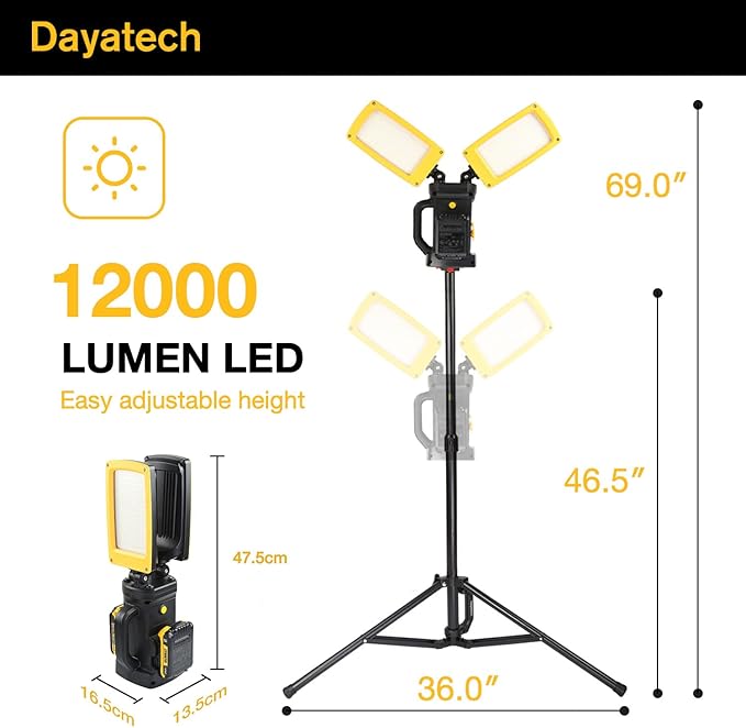 12000LM Cordless LED Work Light, 85W Dual-Head with Tripod, Compatible with Dewalt, Milwaukee, Makita 18–21V Battery, Flicker-Free, Glare-Free, Brightness Adjustable for Jobsite and Garage
