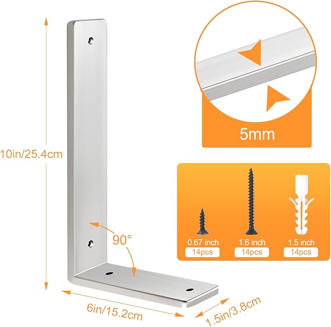 Floating Shelf Bracket Stainless Steel 10 Inch, 6 Pack Heavy Duty Shelf Brackets, Wall Shelf Bracket for DIY Decorative with Mounting Hardware