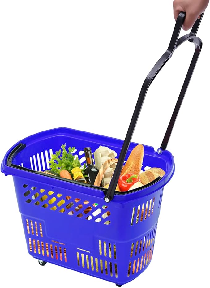 6PCS Plastic Shopping Baskets, 35L/9.2Gal Trolley Rolling Shopping Cart Set with Wheels,Grocery Basket with Handles,Portable Utility Cart for Supermarket,Retail Store,Laundry,Fruit Stores (Blue)
