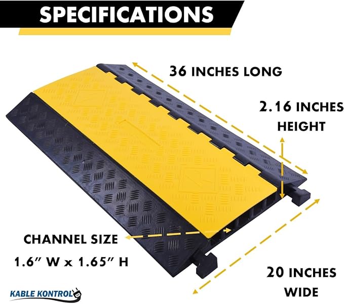 Kable Kontrol Atlas Heavy Duty Cable Protector Ramp - 5 Channel Bulk Wholesale Pallet - 20 Pcs - 36" Long Black & Yellow - 36,000 Lbs Capacity - Rubber Speed Bump Wire Protector Cord Cover - CP9988