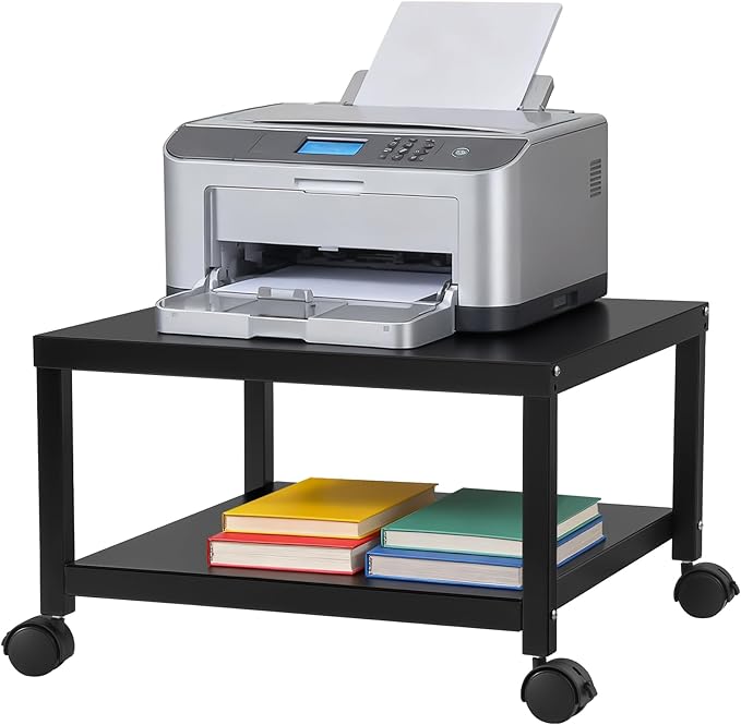 Under Desk Printer Stand with Wheels, 2-Tier Heavy Duty Rolling Cart with Storage Shelf, Industrial Printer Table for Printer, Scanner, Home, Office, Black