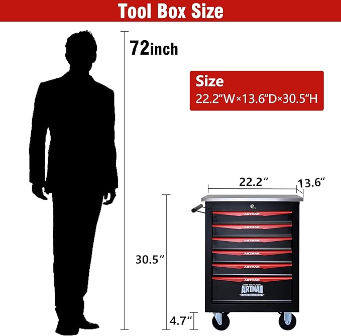 6 Drawers Tool Cart on Wheels with Stainless Steel Worktop, Heavy Duty Mobile Rolling Drawer Tool Chest with Locking Wheels & Lockable Drawers, Garage Tool Storage Cabinet (Black, 6 Drawers)