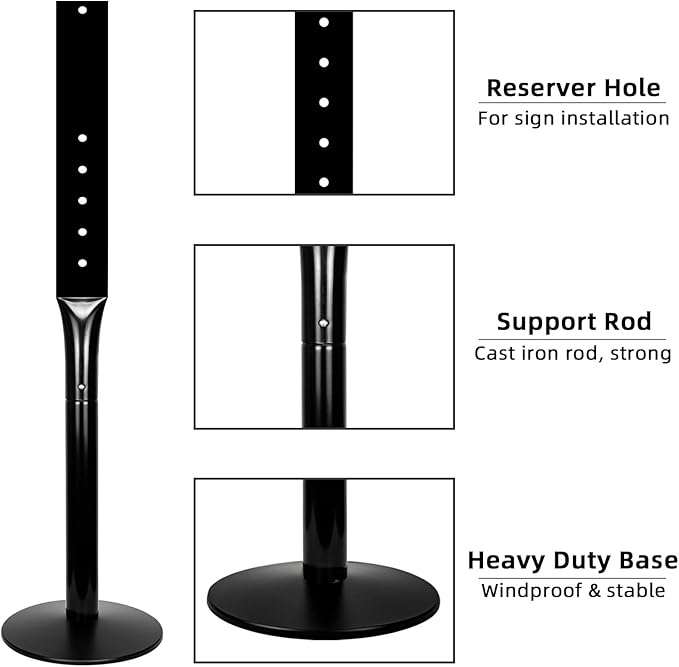 Heavy Duty Cast Iron Sign Post With 12" Diameter Bottom Round Base, 48" Movable Stand for Hanging Signs