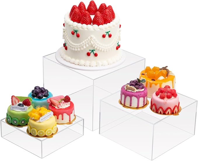 Clisela 3pcs Acrylic Cube Display Stands Box Risers with Hollow Bottoms, Food Risers for Buffet Table, Decorative Display Stand Shelf for Dessert Collectibles Jewelry Figures Show - Clear 6" 7" 8"