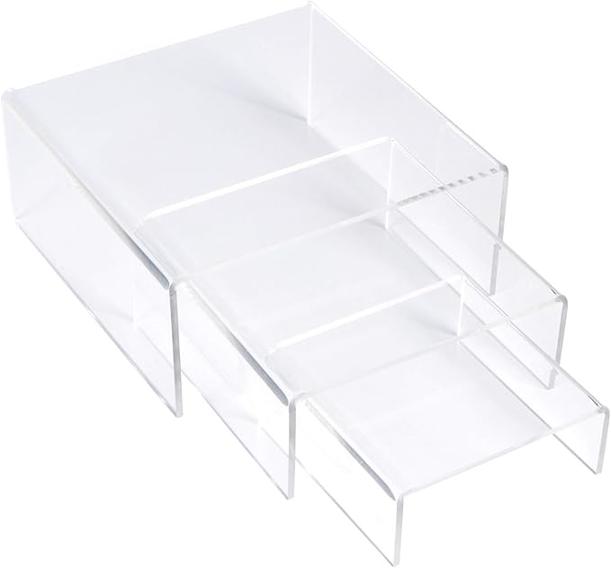 SimbaLux Acrylic Display Risers Clear Stand Set of 3 Small Low Profile Tiered for Showcasing Food, Cupcake, Dessert, Candy, Jewelry, Figurines, Photos, Retail & Home Decoration, Durable & Steady