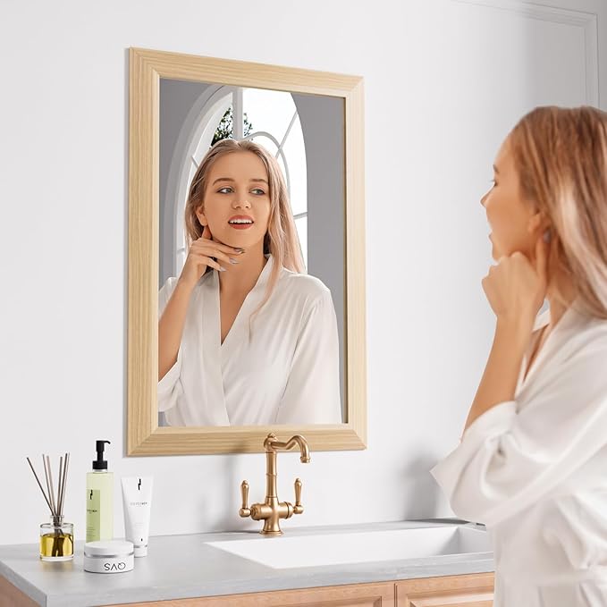 Amorho Bathroom Mirror for Wall, 20X30 Inch Oak Wood Grain Metal Framed Mirror, Anti-Rust, Hang Horizontally/Vertically, Suitable for Bedroom, Farmhouse, Bathroom, Decorative