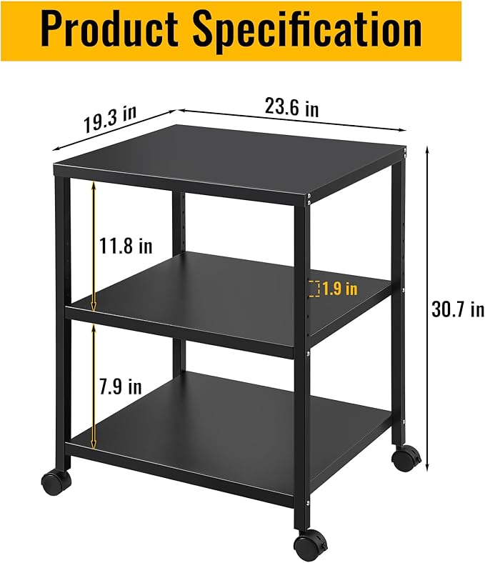 Under Desk Printer Stand with Wheels, 3-Tier Heavy Duty Rolling Cart with Adjustable Storage Shelf, Industrial Printer Table for Printer, Scanner, Home, Office, Black